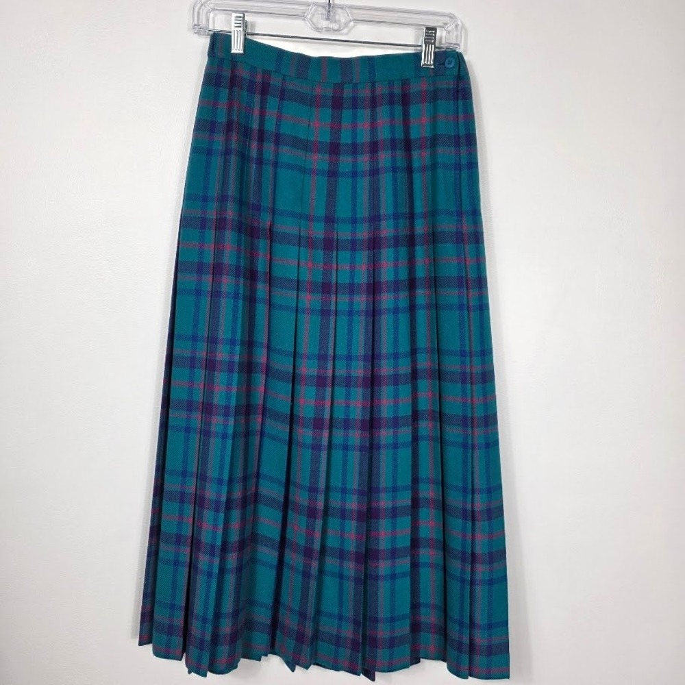 Appleseed's Sz 8 Wool Blend Plaid‎ Pleated Midi Skirt Teal Blue Pink Purple